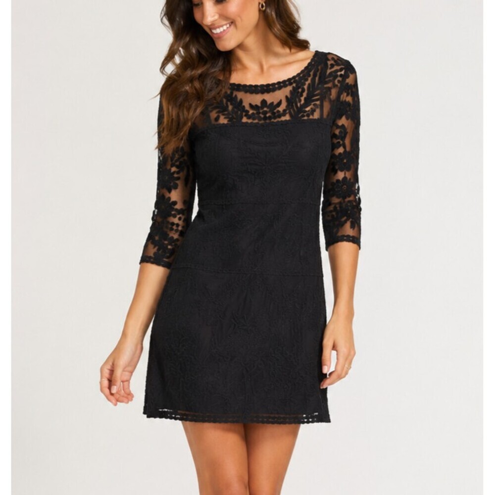 Express Embroidered Lace Shift Dress 3/4 Sleeve With Slip Black - Size Small